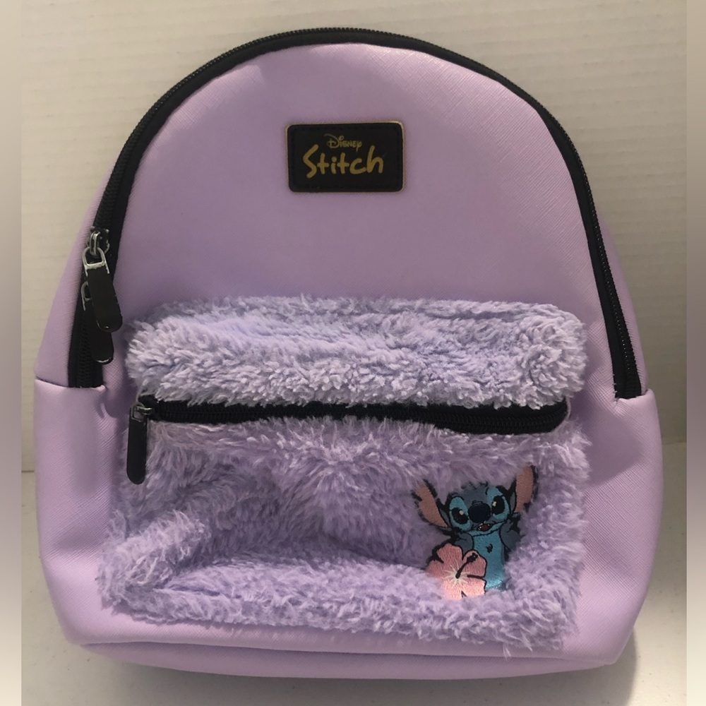 Disney Lilo & Stitch Purple Backpack Fuzzy Outside Pocket -G